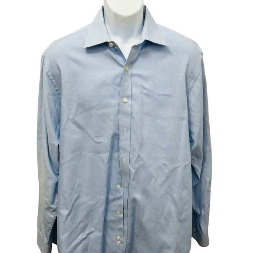 Michael Kors Men's Regular Fit Dress Shirt 17 34/35 Blue Micro Check Long Sleeve
